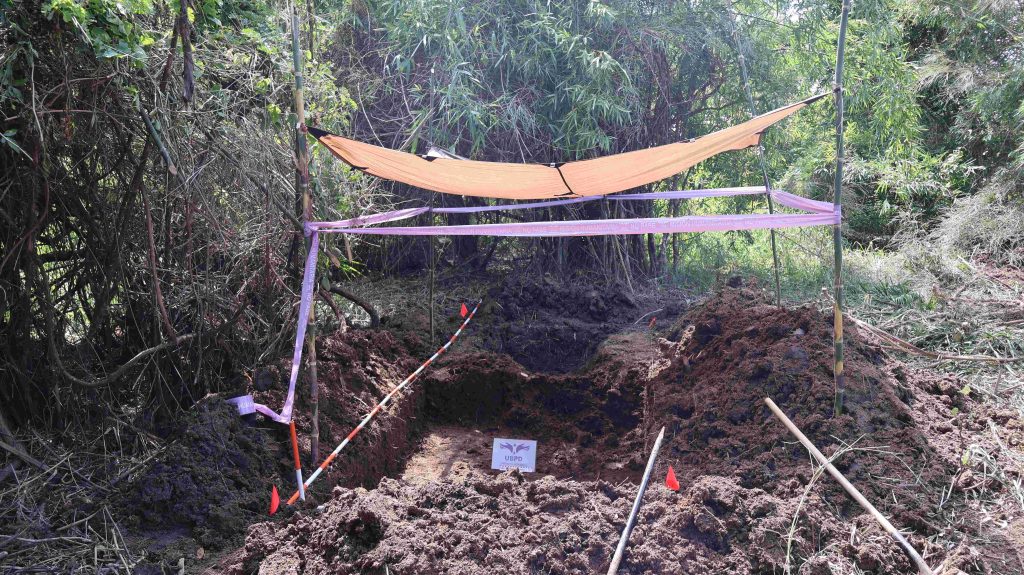 Excavacación rodeada de montículos de tierra en una zona boscosa. Sobre la fosa hay una lona naranja sostenida por postes de bambú para dar sombra, rodeada por cinta morada de seguridad. En el fondo de la fosa se aprecia un cartel identificativo de la UBPD y jalones o regletas métricas delimitando el área.