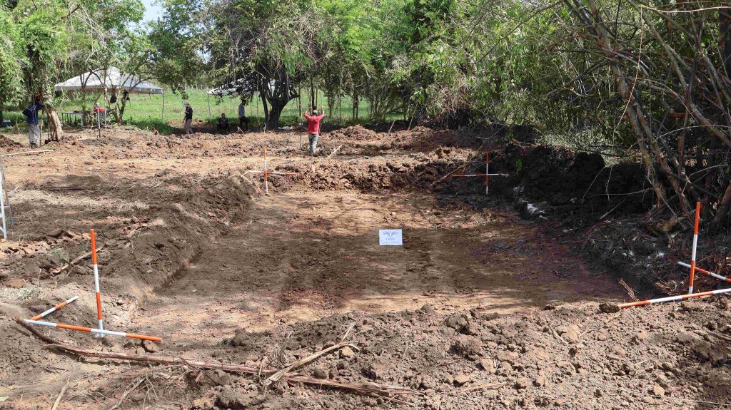 Amplio terreno de tierra removida preparado para prospección. En primer plano se observa una gran superficie rectangular nivelada, delimitada en los extremos por jalones métricos rojiblancos e identificada con un cartel de la UBPD. En el fondo, varias personas supervisan y realizan labores de excavación cerca de carpas de trabajo y bajo la sombra de los árboles.