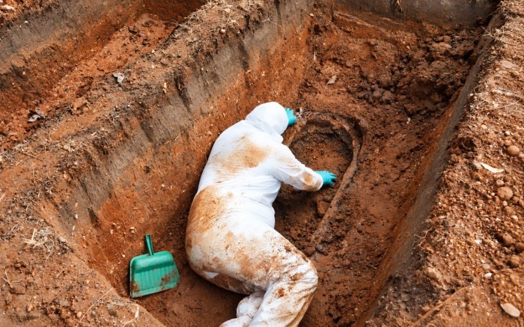 Una persona del equipo forense viste un traje de protección biológica blanco manchado de tierra y guantes celestes. Se encuentra recostada sobre el suelo dentro de una fosa rectangular excavada en tierra rojiza, trabajando minuciosamente en el fondo. Al lado izquierdo de la fosa descansa un recogedor plástico verde.