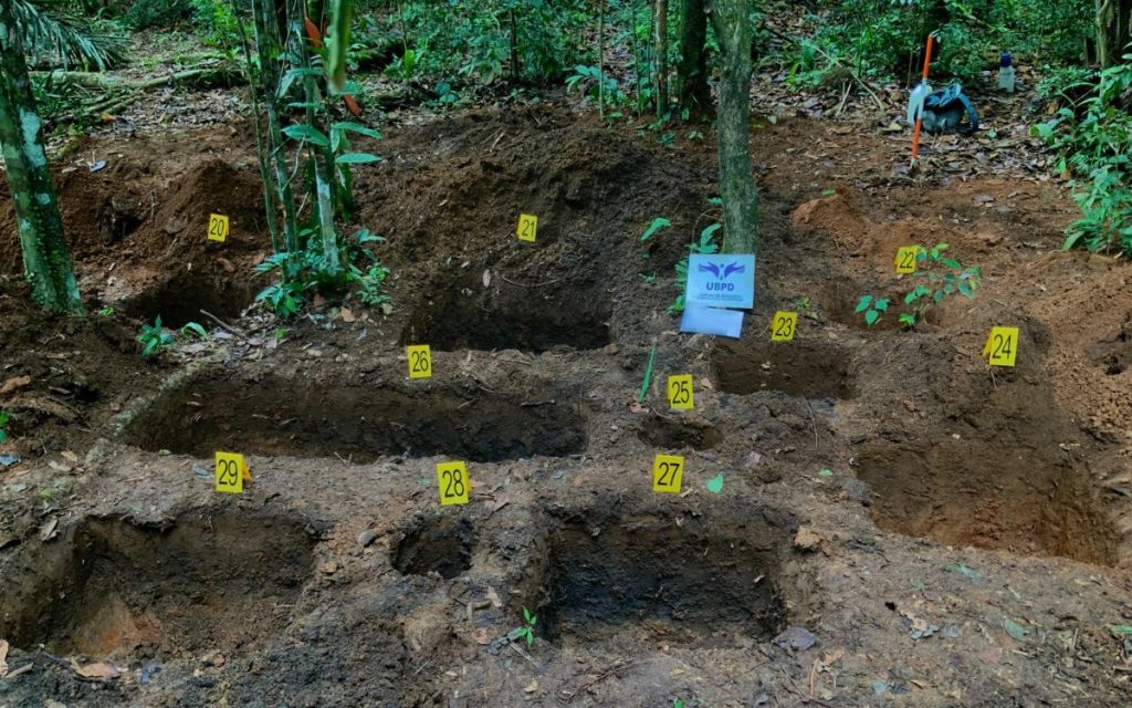 Vista superior de un terreno boscoso donde se han realizado varias excavaciones en la tierra para la búsqueda de personas desaparecidas. Cada fosa está delimitada e identificada con marcadores numéricos de color amarillo. En el centro se observa un letrero con el logotipo de la Unidad de Búsqueda de Personas dadas por Desaparecidas (UBPD).